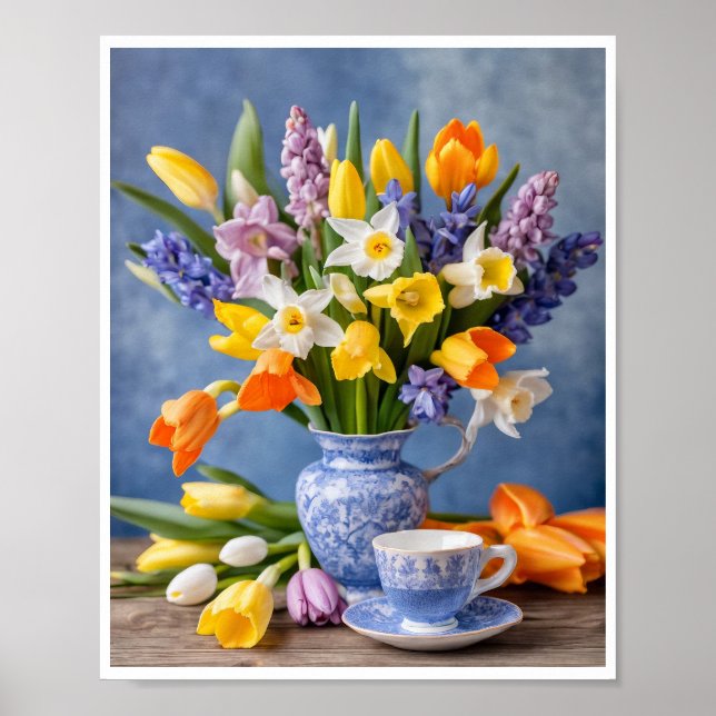 Póster Bouquet primavera de Daffodils Tulips Teacup (Frente)