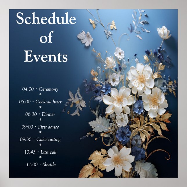 Póster Bouquets de los bordes azul-blanco y oro de Silky (Frente)