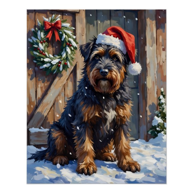 Póster Bouvier des Flandres Snowy Farm Christmas (Anverso)