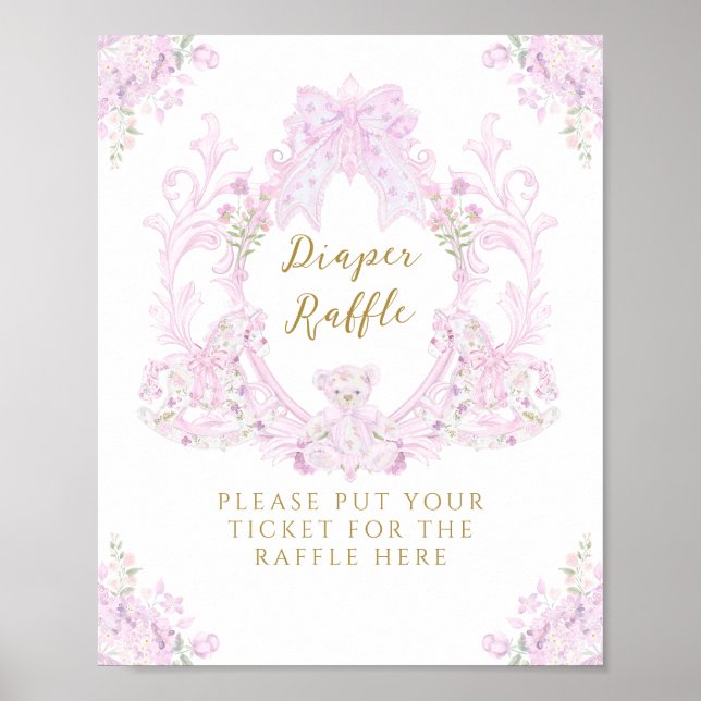 Póster Bow Floral Teddy Bear Escudo Baby Shower Diaper (Frente)