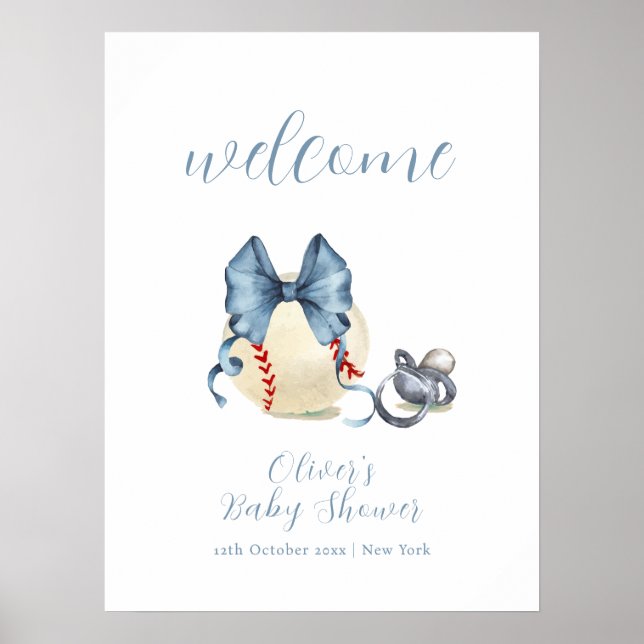Póster Bow Pacifier Baseball Sport Baby Shower Welcome  (Frente)