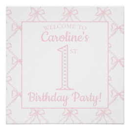 Póster Bow rosa y blanco, cumpleaños grandioso