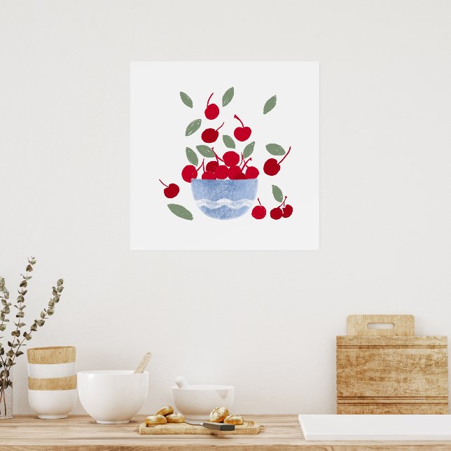 Póster Bowl of Cherries Watercolor  (Cocina)