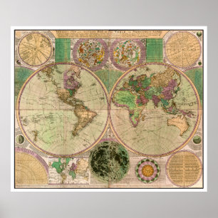 Póster BOWLES New & Accurate Map of the World by Dialing