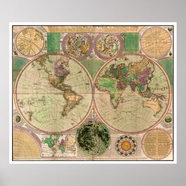 Póster BOWLES New & Accurate Map of the World by Dialing (Frente)