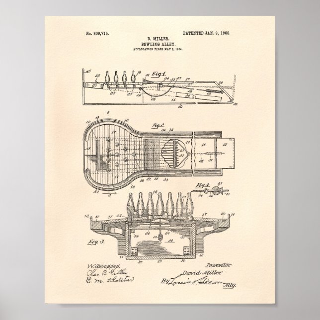 Póster Bowling Alley 1906 Patent Art Old Peper (Frente)