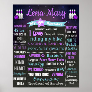 Póster Bowling chica de signos de la pizarra de natalidad