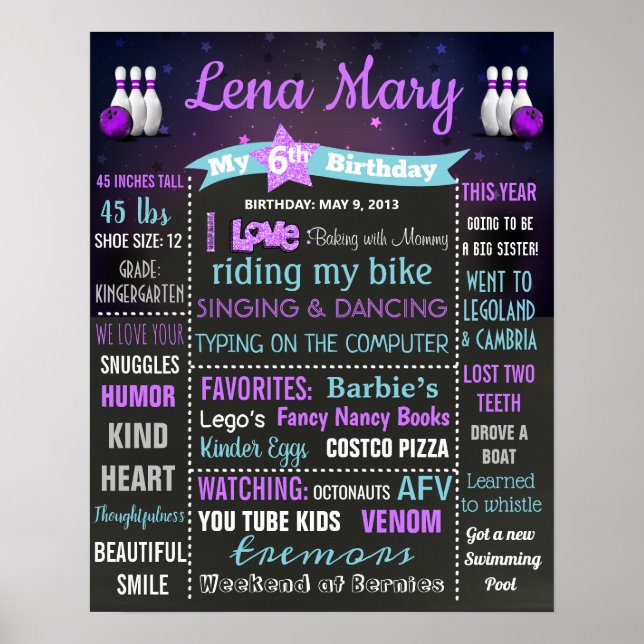 Póster Bowling chica de signos de la pizarra de natalidad (Frente)