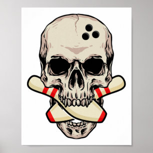 Póster Bowling Pins Retro Skeleton Head Bowl Ll