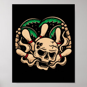Póster Bowling Pins Retro Skeleton Head Bowl Ll