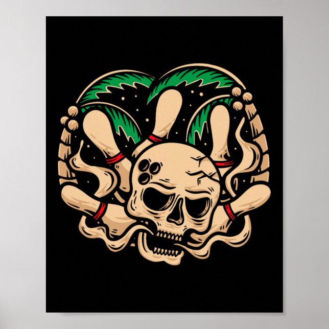 Póster Bowling Pins Retro Skeleton Head Bowl Ll (Frente)