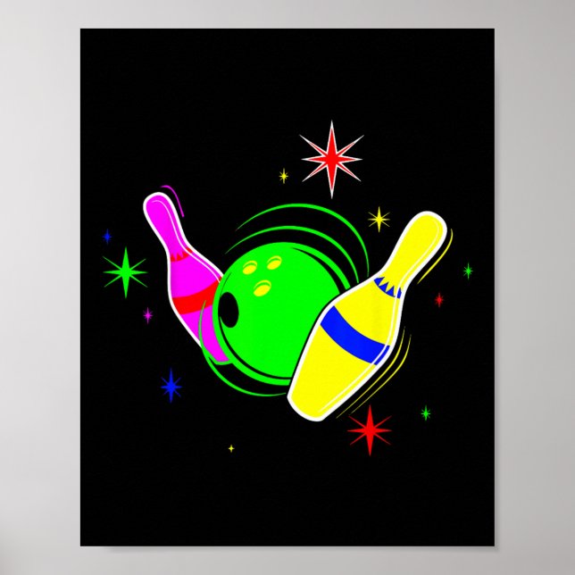 Póster Bowling T Shirt 80 Retro Neon Rótulo Strike Bowlin (Frente)