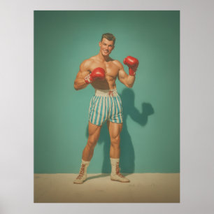 Póster Boxeador Antiguo en Shorts a Rayas