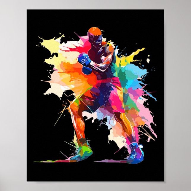 Póster Boxeador Hombre Boxeo Pintura Splash Kickboxer Kic (Frente)