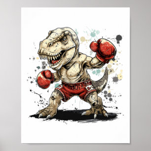 Póster Boxeo Dinosaurio Boxeador T-rex Kickboxing Dino Bo