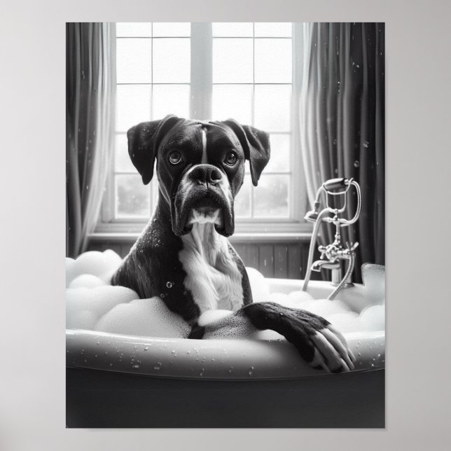 Póster Boxer Dog Bathroom Wall Art, Boxer tomando baño (Frente)