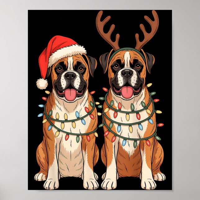 Póster Boxer Dog Christmas Santa Hat Reindeer Lights Paja (Frente)