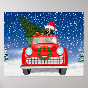 Póster Boxer Dog Drin Car En Navidades De Nieve