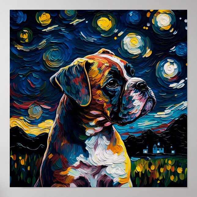 Póster Boxer Dog Puppy Starry Night Van Gogh Style Poster (Frente)