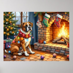 Póster Bóxer sentado junto a la chimenea con luces de Nav