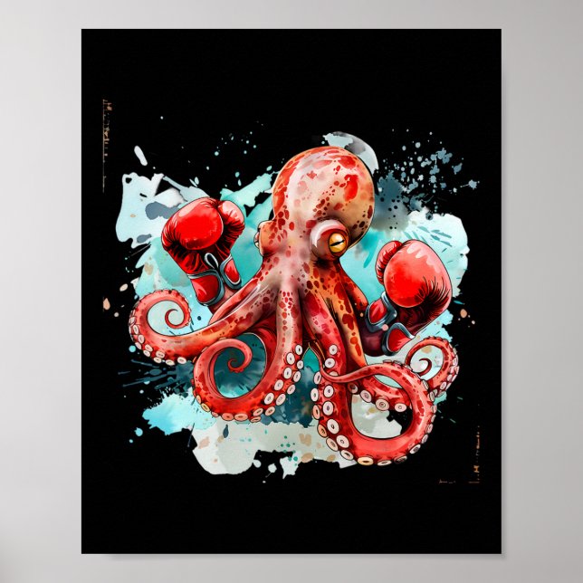 Póster Boxing Octopus Lover Ocean Sea Creature Boxer Kick (Frente)