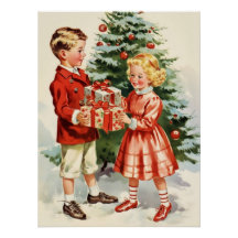 Boy and girl giving each other Christmas presents