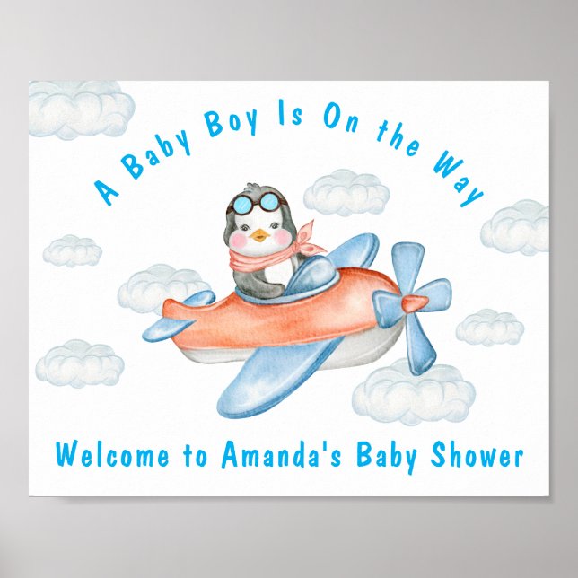 Póster Boy Baby Shower Airplane Poster Pingüino Azul (Frente)