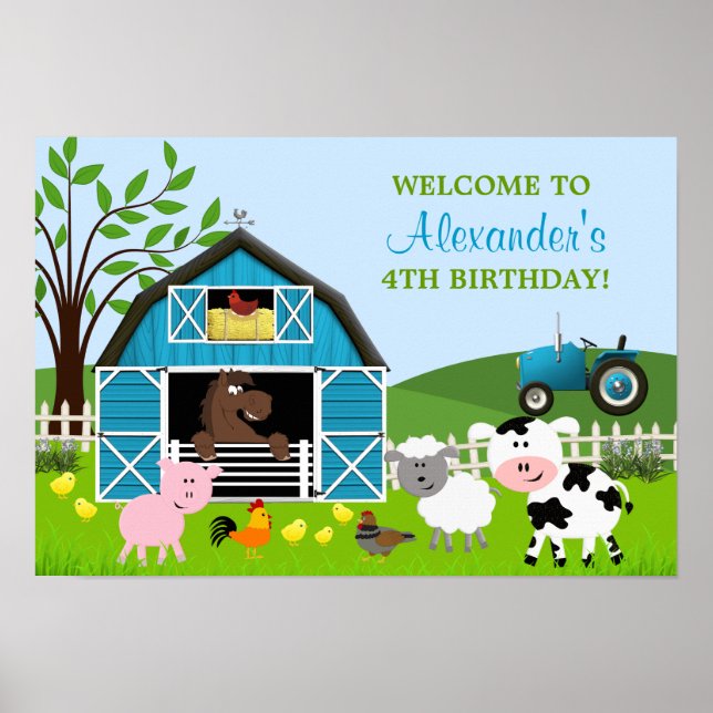 Póster Boy Barnyard Farm Animals Poster de cumpleaños (Frente)