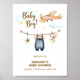 Póster Boy Clothesline Airplane Sky Baby Shower Welcome