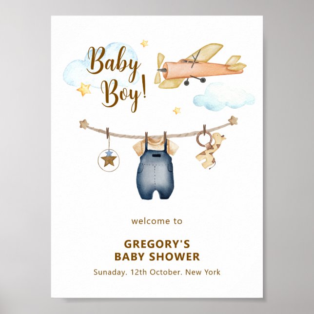 Póster Boy Clothesline Airplane Sky Baby Shower Welcome  (Frente)