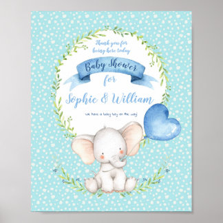 Póster Boy Elephant Baby Shower Welcome Sign Blue