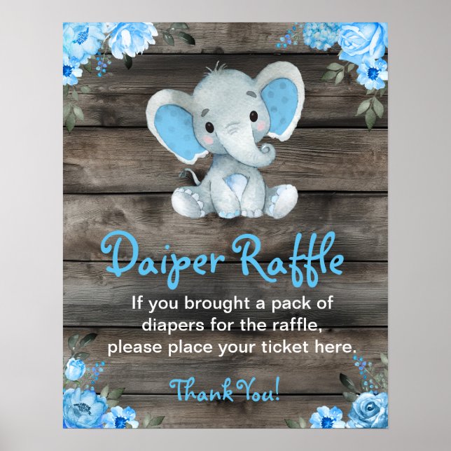 Póster Boy Elephant Diaper Raffle Baby Shower Game Rótulo (Frente)