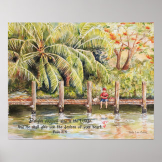 Póster Boy Fishing with Dog Psalm 37:4