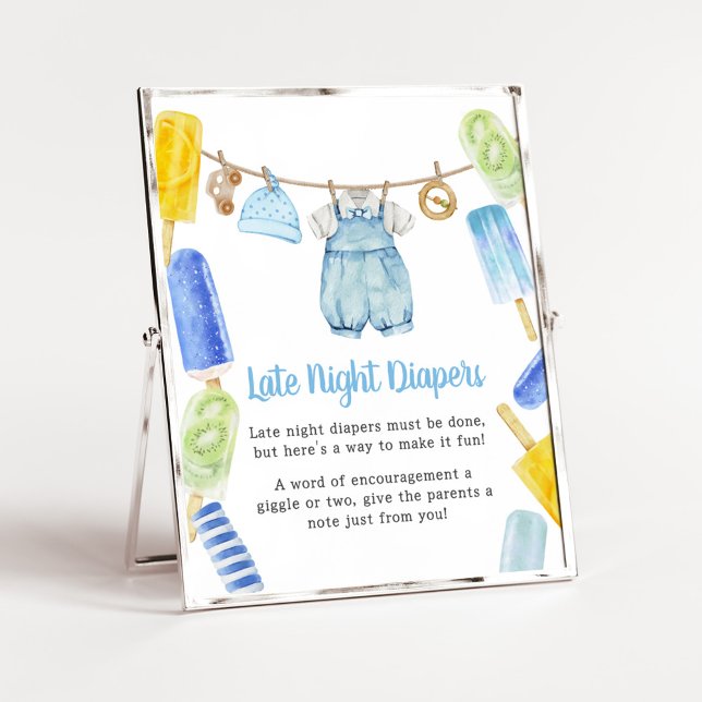 Póster Boy Popsicle Baby Shower Late Night Diapers (Popsicle Baby Shower Late Night Diapers Sign)