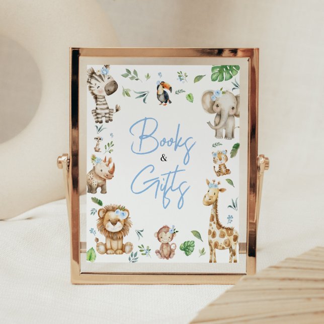 Póster Boy Wild One Safari Baby Shower Libros y regalos (Safari Wild One Baby Shower Books and Gifts Sign)
