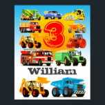 Póster Boy's Custom Name and Age 3rd Birthday Big Truck<br><div class="desc">A great big colourful custom name and age construction truck poster. This one is for a 3rd birthday, add your own name and age for a custom boy's birthday gift. 11 big trucks, fire trucks, diggers, tractors, rollers, cement mixers and dumper trucks. A good gift for a son or grandson....</div>