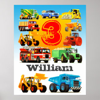 Póster Boy's Custom Name and Age 3rd Birthday Big Truck