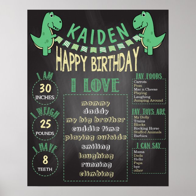 Póster Boys T-Rex Dinosaur 16x20 Template 1st Birthday (Frente)