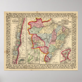 Póster Brasil, Bolivia, Paraguay, Uruguay Mapa de Mitchel