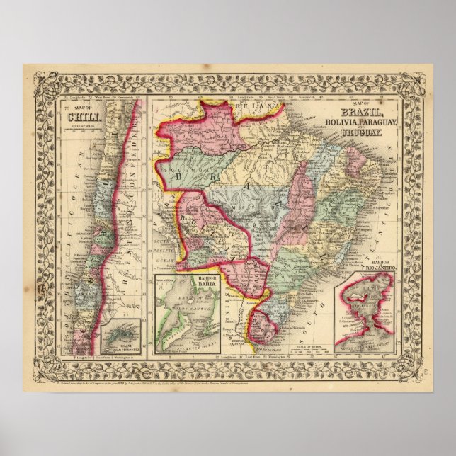 Póster Brasil, Bolivia, Paraguay, Uruguay Mapa de Mitchel (Frente)