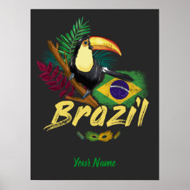 Póster Brasil: Vintage Toucan con bandera y máscara de Sa