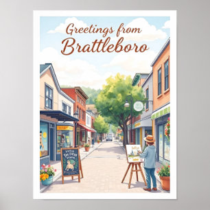 Póster Brattleboro, Vermont – Antiguo Downtown Artístico