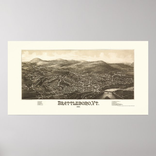 Póster Brattleboro, VT Panoramic Map - 1886 (Frente)