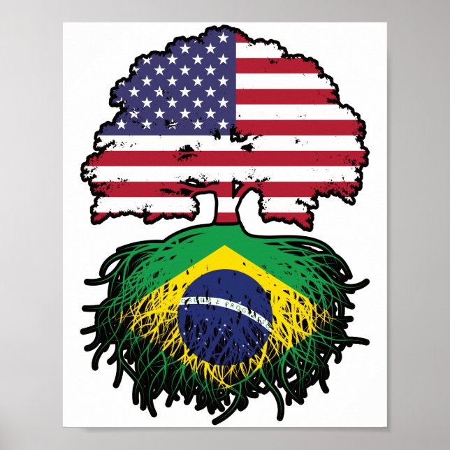 Póster Brazil Brazilian American USA Tree Roots Flag (Frente)