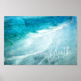 Póster Breathe Yoga Quote Retro Beach Océano Azul Verde a