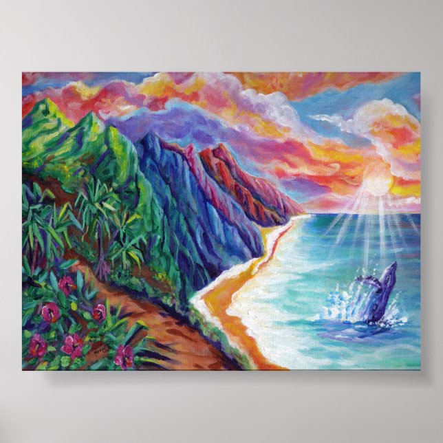 Póster Brecha de ballena jorobada en el atardecer (Frente)