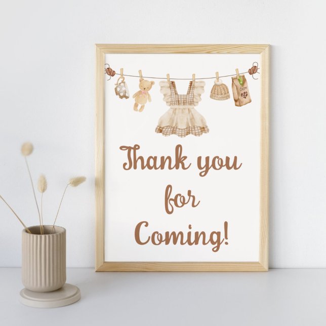 Póster Brewing Coffee Baby Shower Thank You Sign (Coffee Little Bean Clothesline Baby Shower Thank you for Coming Sign)
