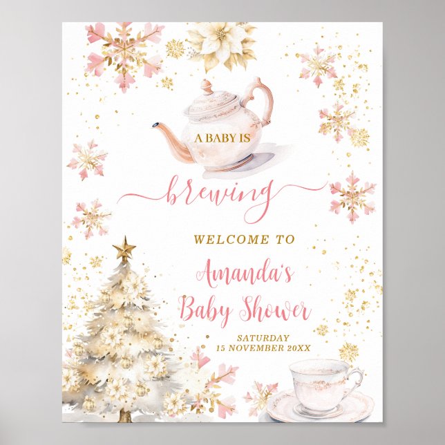 Póster Brewing Pink Winter Tea Party Baby Shower Welcome (Frente)