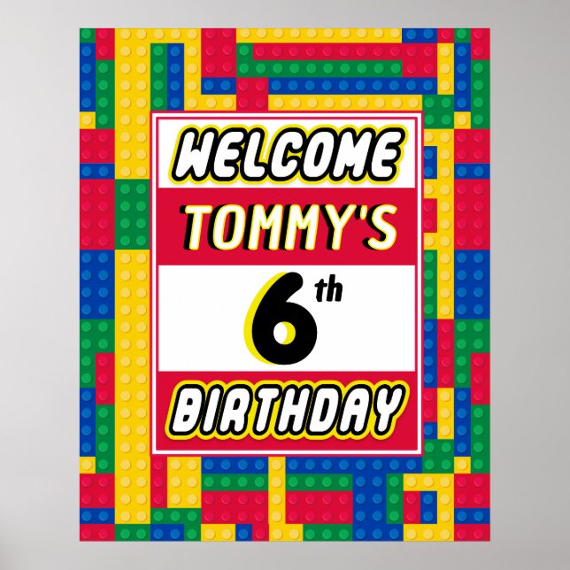 Póster Brick Builder Customizable Birthday Party Welcome  (Frente)