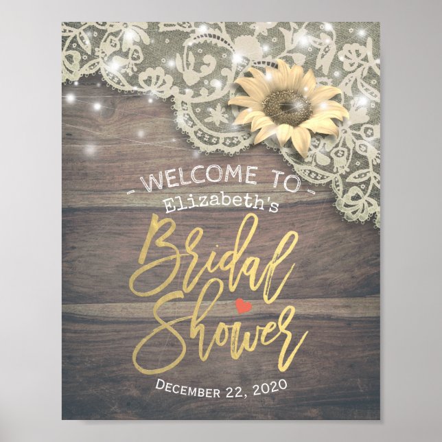 Póster Bridal Shower Bienvenida Lace Sunflower Luces de m (Frente)